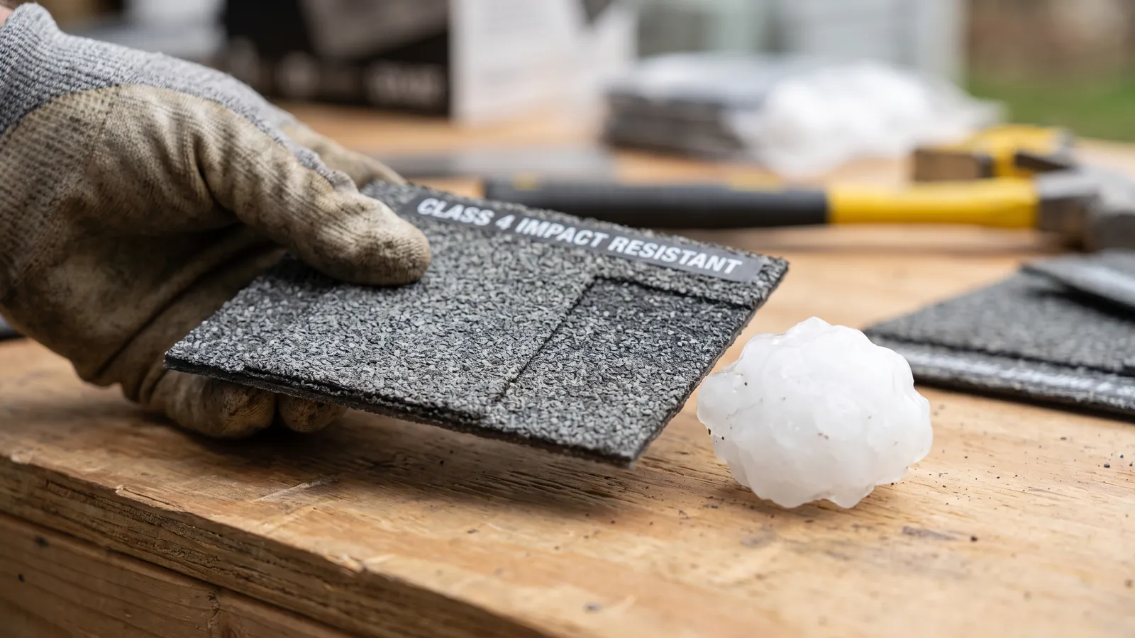 Class 4 impact-resistant shingle sample held beside a large hailstone