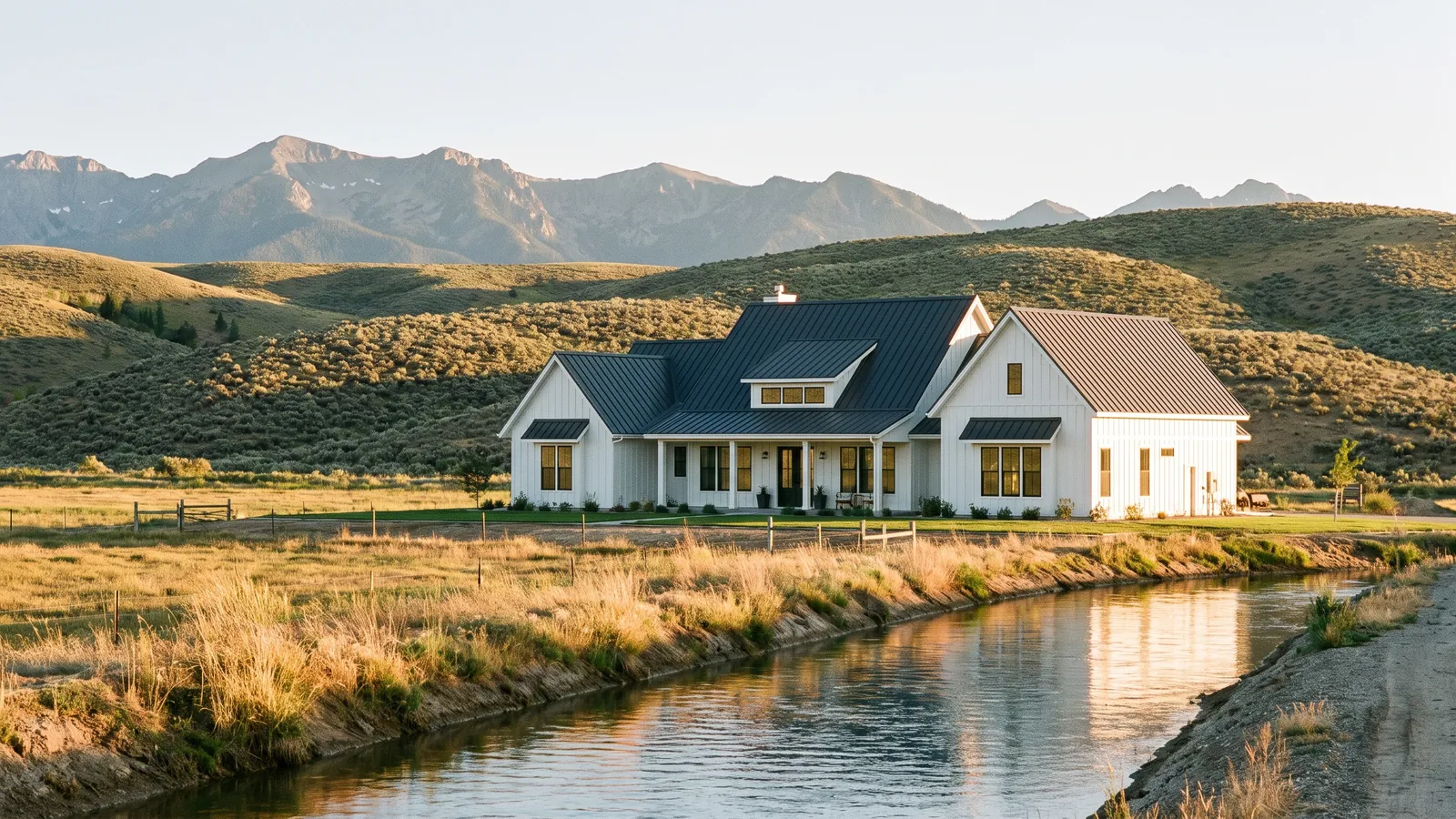 Charcoal standing-seam metal roof on a modern farmhouse on acreage near Meridian with sagebrush foothills behind